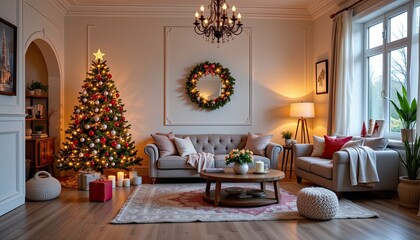 Fototapeta premium beautifully decorated living room for christmas 2025 with warm tones and romantic charm, empty scene, 4k video resolution.