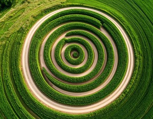 Aerial View of a Spiraling Green Crop Field with Dirt Paths and Lush Vegetation