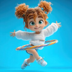 Cheerful Animated Girl Enjoying Hula Hooping Against Blue Background
