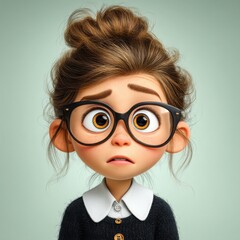 Young cartoon girl with glasses and worried expression on green background