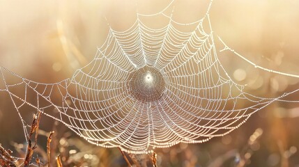 Dew-covered spider web glistening in morning sunlight on grass