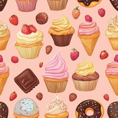 Colorful Pattern of Cupcakes, Ice Cream, and Donuts on Pink Background