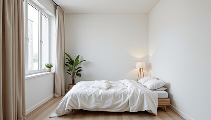 a tidy minimalist bedroom with white background and soft warm lighting, rendered in 4k resolution.