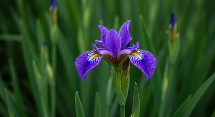 Vibrant purple iris flower blossoming amidst a verdant field of slender leaves