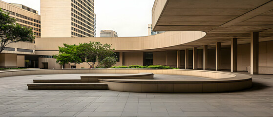 Obraz premium Modern Concrete Courtyard With Beige Walls And Plants