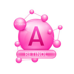 Pink vitamin A or Retinol surrounded by molecule atoms on white background. Vitamins complex for design dietary supplement products. Medical science health care concept. 3D Vector EPS10.