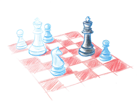 Hand-drawn chess pieces on a checkered board, showcasing strategic positioning