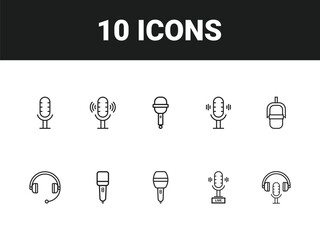 Podcast line icon set. Set of outline icons related to podcast, microphone, podcasting, record, audio, broadcasting, studio and others. Vector illustration.