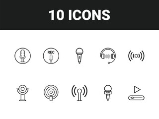 Podcast line icon set. Set of outline icons related to podcast, microphone, podcasting, record, audio, broadcasting, studio and others. Vector illustration.