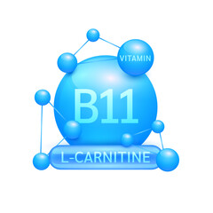 Blue vitamin B11 or L Carnitine surrounded by molecule atoms on white background. Vitamins complex for design dietary supplement products. Medical science health care concept. 3D Vector EPS10.