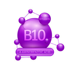 Purple vitamin B10 surrounded by molecule atoms on white background. Vitamins complex for design dietary supplement products. Medical science health care concept. 3D Vector EPS10.