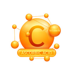 Orange vitamin C or Ascorbic Acid surrounded by molecule atoms on white background. Vitamins complex for design dietary supplement products. Medical science health care concept. 3D Vector EPS10.