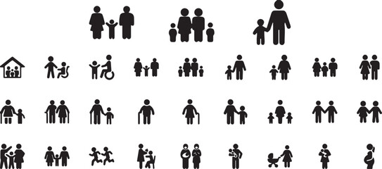 Naklejka premium family, families, pictogram, icons, black, vector, illustration, set, collection, parents, children, siblings, grandparents, pregnant, baby, childcare, home, house, disability, caregiving, walking, el