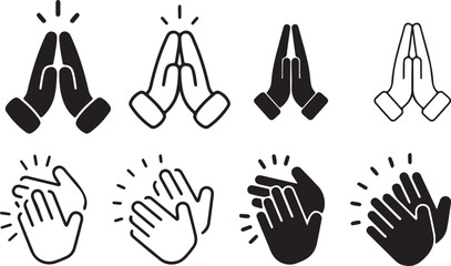 hand gestures, clapping, prayer, hands, silhouette, outline, black and white, icon, vector, illustration, applause, respect, thank you, agreement, 