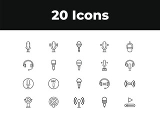 Podcast line icon set. Set of outline icons related to podcast, microphone, podcasting, record, audio, broadcasting, studio and others. Vector illustration.