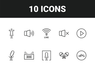 Podcast line icon set. Set of outline icons related to podcast, microphone, podcasting, record, audio, broadcasting, studio and others. Vector illustration.