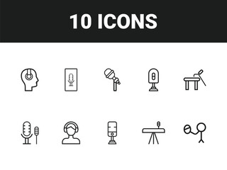 Podcast line icon set. Set of outline icons related to podcast, microphone, podcasting, record, audio, broadcasting, studio and others. Vector illustration.