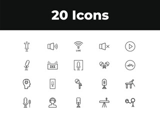 Podcast line icon set. Set of outline icons related to podcast, microphone, podcasting, record, audio, broadcasting, studio and others. Vector illustration.