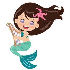 Cute swimming mermaid mermaid playing the harp.
Sea princess vector cartoon illustration