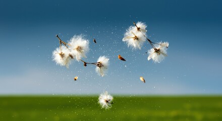 Delicate dance: Seeds dispersed in the wind against vibrant blue and green