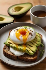 Top View of Avocado Toast with Poached Egg on Light Wooden Table