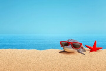 Dolphin Summer Vacation - A cartoon dolphin wearing sunglasses relaxes on a sandy beach next to a starfish, under a bright blue sky. Perfect for summer travel themes
