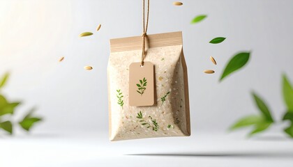 Elegant paper bag with botanical design and tag suspended in a bright studio