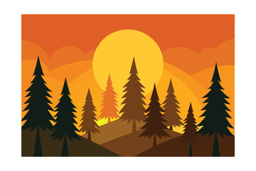 Sunset Silhouette Majestic Pines and Golden Horizon Landscape Illustration