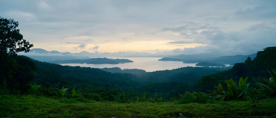 Fototapeta premium Misty Sunrise Over Lake And Hills