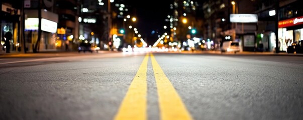 Urban road at night low angle view double yellow lines perspective
