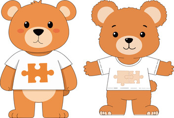 Two Cartoon Bears with Puzzle Piece Shirts