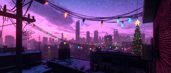 Pixelated Snowy Cityscape At Twilight With Christmas Decorations