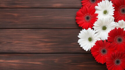 Red and White Gerbera Daisies on Wood - Red and white gerbera daisies arranged on a dark brown wooden background. Perfect for cards, blogs, or websites