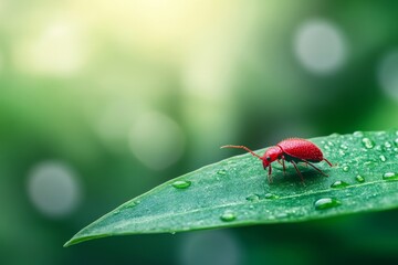 Red Beetle on Dewy Leaf - A vibrant red beetle rests on a lush green leaf covered in morning dew. Nature's beauty captured in detail