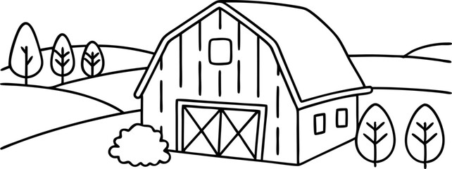 Barn outline with trees and countryside scenery simple rural landscape illustration, farmhouse and nature