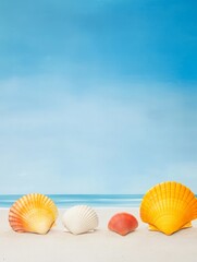 Sandy Beach Seashells Coastal View - Four seashells on sandy beach, symbolizing summer, relaxation, ocean, nature, and tranquility. Coastal vibes