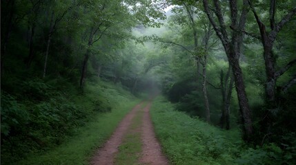 Obraz premium Misty path through a vibrant forest