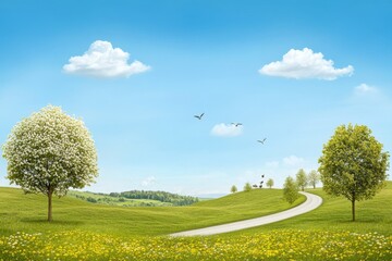 Serene Spring Countryside Road - Picturesque winding road through a vibrant spring meadow, featuring blooming trees and a clear blue sky