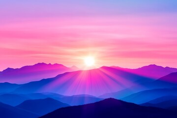 Serene Sunrise Over Mountains - Majestic sunrise casting vibrant pink and purple hues across a range of mountains. Peaceful, tranquil scene