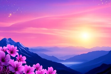 Serene Sunrise Mountain Bloom - Pink flowers in the foreground of a stunning sunrise over a mountain range. Peaceful, tranquil scene