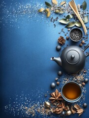 Serene Tea Ceremony Composition - Tranquil tea ceremony, featuring a teapot, teacup, spices, and dried leaves on a deep blue background. Symbolizing peace, warmth, tradition, nature, and harmony