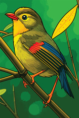 Adobe Illustrator Artwork Colorful Red-Billed Bird on Bamboo Branch