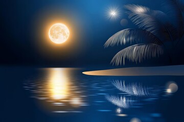 Tranquil Night Beach Scene - Serene beach scene at night, illuminated by a large full moon reflecting on calm waters, with palm trees silhouetted against the dark sky