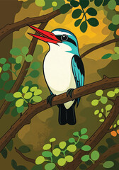 Adobe Illustrator Artwork Blue-Winged Kingfisher in a Lush Forest Setting