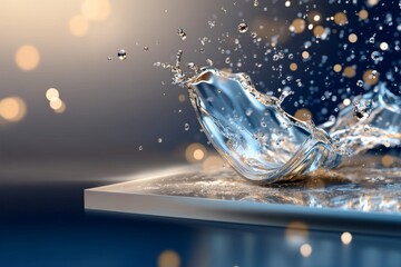 Water Splash on Smooth Surface - Close-up of a water splash on a sleek, reflective surface with a bokeh background. Clean, modern aesthetic