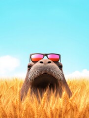 Walrus in a Wheat Field - A walrus wearing pink sunglasses hides in a field of golden wheat under a bright blue sky