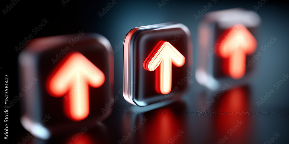 Poster close-up of three glowing red arrow icons pointing upwards on a dark background, 3d rendering illust