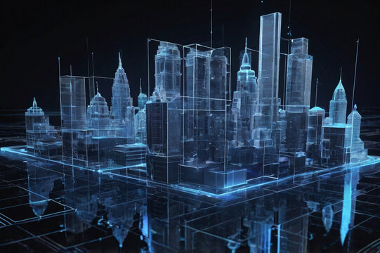 Futuristic cityscape digital wireframe model