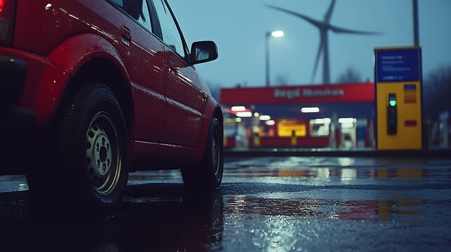 Red car parked at a petrol station in the rain with a wind turbine visible - Powered by Adobe