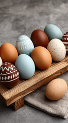 Decorated egg, brown egg, blue egg, speckled egg, wooden tray, rustic style, festive mood